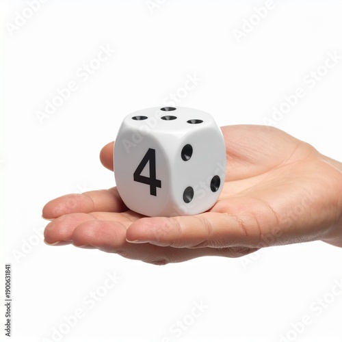 Close-up of human hand holding a large white die with a four displayed on it