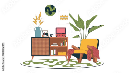 A cozy living room with a yellow chair and a green rug