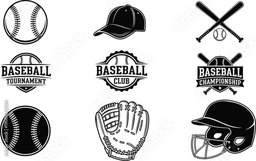 Baseball sport logo and equipment icons set, bat ball glove helmet cap tournament championship badges, team branding elements, vintage style black vector illustration
