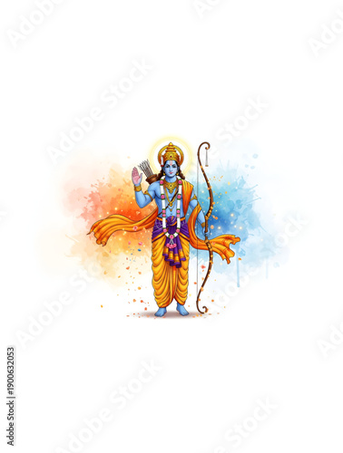 Sacred illustration of Ram Bhagwan standing with bow in blessing gesture symbolizing devotion faith and spiritual power celebrated during Ram Navami festival