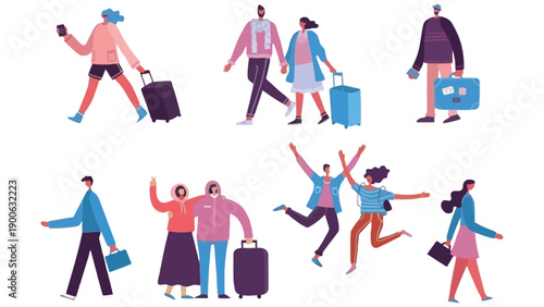 A group of happy travelers walking with luggage on a white background