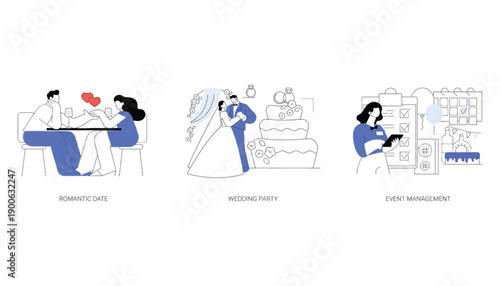 A graphic illustration of a romantic date, wedding party, and event management