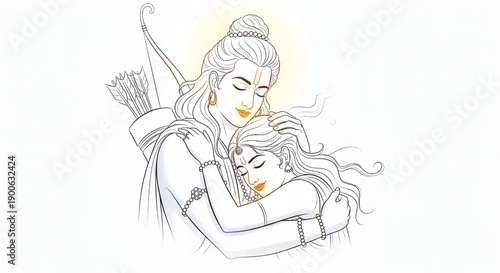 Divine Ram Navami line art showing tender embrace of Shri Ram and Sita expressing devotion purity grace and sacred bond within Hindu spiritual tradition