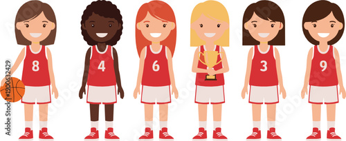 Cute girls basketball team character set with diverse players in red uniforms, teamwork and sports spirit, cheerful cartoon flat vector illustration for children design