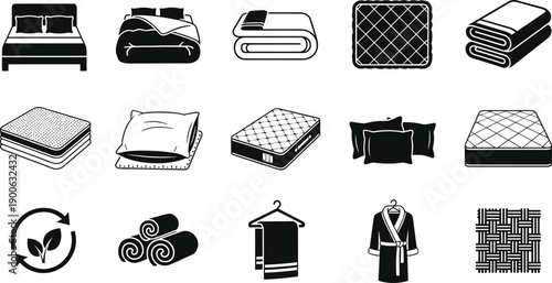 Bedroom and bedding icons set, bed, mattress, pillow, blanket, towel, bathrobe, fabric texture, home textile, laundry symbols, vector illustration