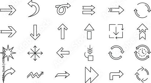 Black arrow icon set collection, navigation direction symbols, curved straight reload forward backward pointers, minimalist outline vector illustrations 