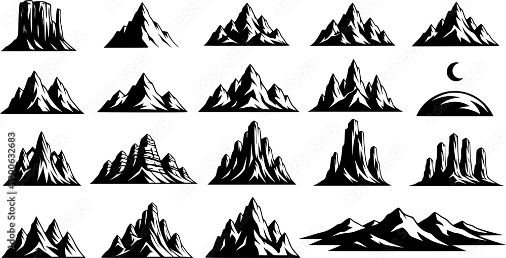 Fototapeta premium Mountain silhouette. Black outline minimal mountains shape for banner border and scenic backdrop. Isolated vector set, transparent background EPS version.