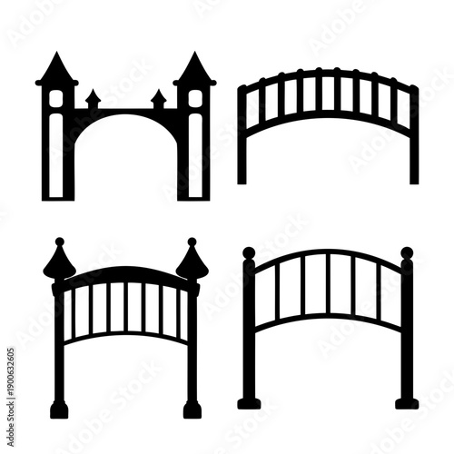 Diverse collection of decorative archways and gates in black silhouette vector set