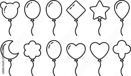 Balloon outline icons with string in line cartoon style. Different shapes for birthday, party, wedding. Black contour of balloons silhouettes. Vector