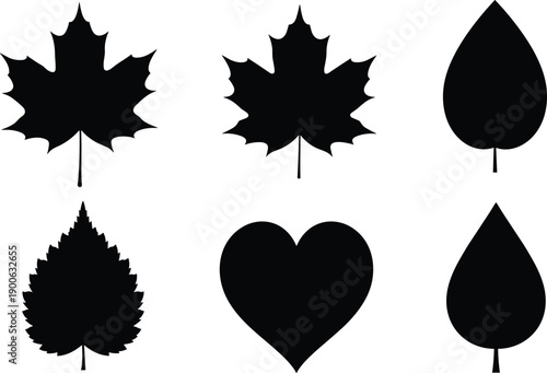 Black leaf and heart silhouette icons set, maple and nature symbols, minimal vector shapes, autumn design elements, eco friendly graphic collection
