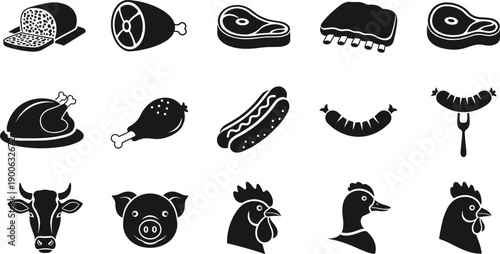Black meat and animal icon set, butcher shop symbols, beef pork chicken sausage steak ribs, food vector silhouettes isolated on white background