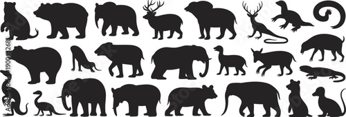 Wild animals silhouettes collection, forest and jungle fauna set with mammals reptiles, wildlife icon pack, minimal black vector illustration, isolated on white background