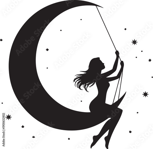Beautiful cute girl rejoices on a swing and the moon and stars