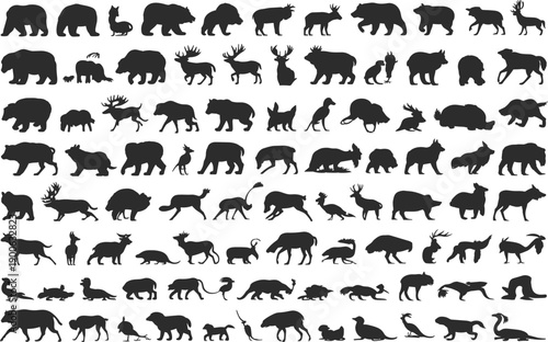 Wild animals silhouettes collection, forest fauna mammals birds reptiles set, nature wildlife icons, minimal black vector illustration, isolated on white background