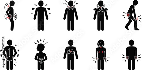Body pain and health problem icons set, backache, neck pain, joint injury, headache, stomach pain, muscle strain, medical symptom, human silhouette, vector illustration