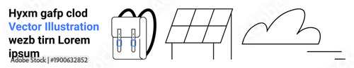 Sustainability, renewable energy, eco lifestyle, education tools, backpacking, exploration. Backpack, solar panel cloud and minimal line art. Sustainability and renewable energy