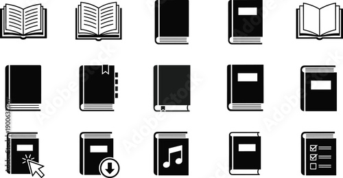 Book icon set collection, open and closed book silhouettes, digital library symbols, flat black vector illustration for education, learning, ebook, web, app design