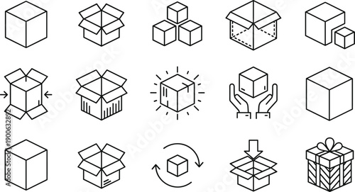 Box and package icon set, open and closed cardboard boxes, delivery packaging, storage, shipping, logistics, gift wrapping, warehouse supply, minimalist line vector illustration