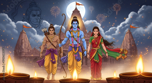 Ram Navami divine illustration showing Lord Rama with Sita and Lakshman near sacred temple under moonlight expressing Hindu festival faith devotion culture and tradition