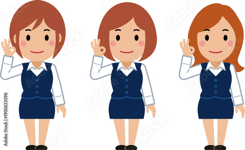 OKサインを出すネイビー事務服の若い女性
