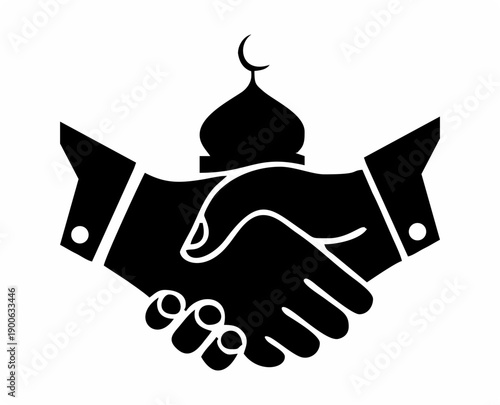 Islamic handshake icon featuring a mosque dome and crescent moon, symbolizing Muslim brotherhood, peace, agreement, and religious cooperation in a clean black and white vector style