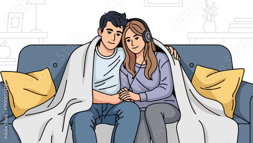 A cartoon illustration of a loving couple sitting together on a couch