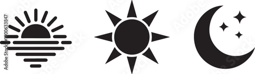 Bundle of black silhouettes of rising or setting sun, crescent moon and stars. Collection of day and night time pictograms. Set of design elements isolated on white background. Vector illustration