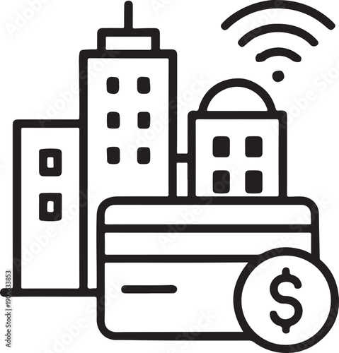 City buildings with credit card and wireless internet connection