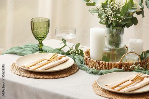 Elegant table setting for wedding with candles and flowers in dining room