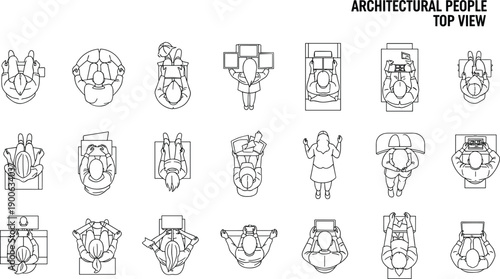 Architectural People Top View Plan Icons, Vector Flat Line Illustration of Sitting Office Workers, Furniture Layout Figures for Floor Plan Design (21 words)