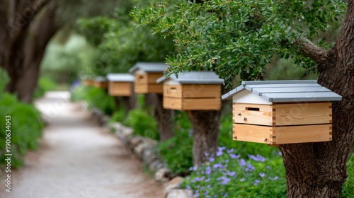 Row of wooden beehives along a garden path