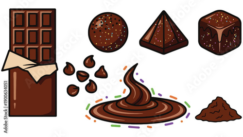 A colorful illustration of various chocolate treats and desserts