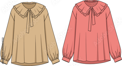 Women ruffle collar blouse collection, long sleeve vintage fashion tops in beige and pink isolated on white background
