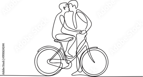 Continuous line drawing of cute romantic couple in love riding bicycle vector illustration