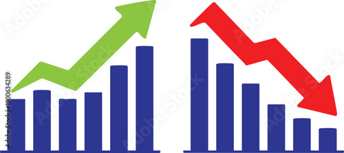 Stylized Market Analysis Vectors: Bullish and Bearish Trends, Monochrome and Color Financial Performance Graphics, Growth and Decline Bar Charts with Trend Arrows.