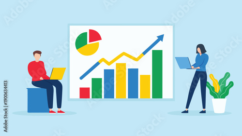 Vector illustration of business people analyzing data on laptop and chart, for presentation or website, isolated on light blue background