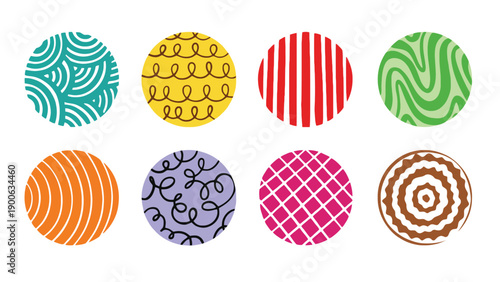 A colorful collection of patterned circles on a white background