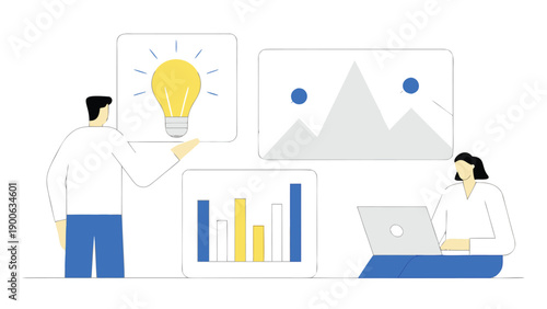Vector illustration of two business people analyzing data and brainstorming ideas with light bulb, bar charts, and graphs for presentation or website