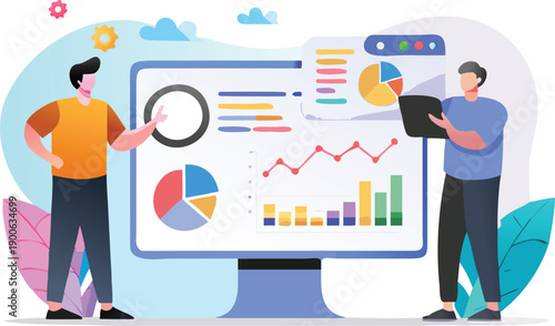 Vector illustration of two people analyzing data on a computer screen with pie chart, bar graph, and line graph, for presentation or website, isolated on transparent background, png