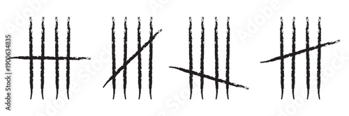 Set of hand-drawn tally marks in a rough, grunge style. Icons of counting to five, often used to symbolize scorekeeping, counting days, survival, or endurance