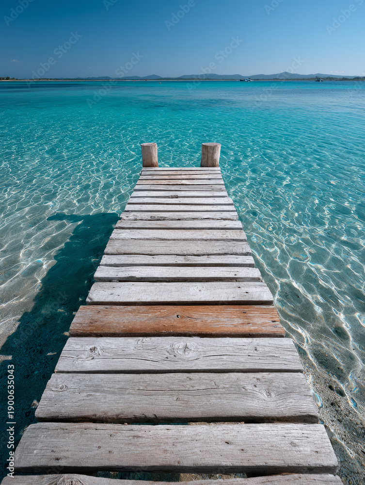 Fototapeta premium Scenic wooden pier extending into clear turquoise ocean on sunny day