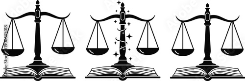 Set of three black silhouette law scales of justice icons standing on open books with magic sparkles for legal education, judicial system, and courtroom legislation.