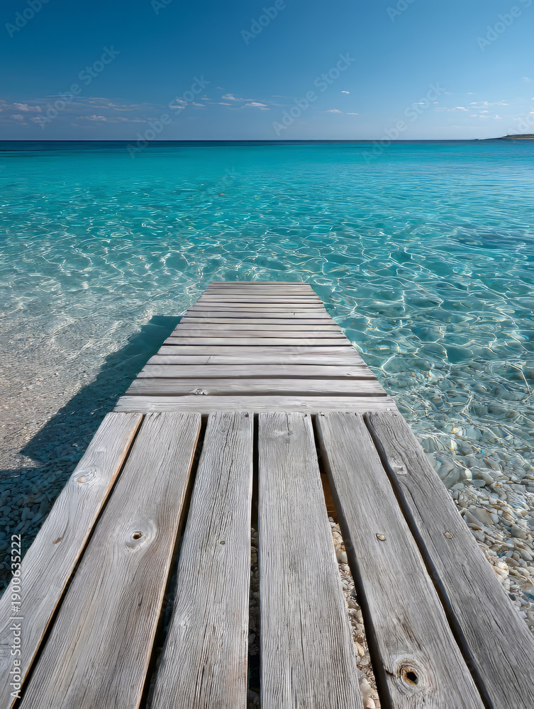Fototapeta premium Idyllic wooden pier leading into crystal clear turquoise ocean on sunny day