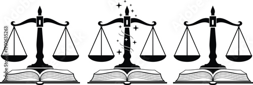 Set of Justice Scale Silhouettes Standing on Open Law Books with Sparkle Accents for Legal Professionalism Attorney Services and Judicial System Vector Illustration Design