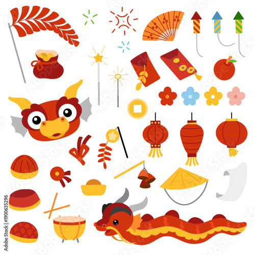 Chinese New Year festive set with holiday symbols. Flat vector objects isolated on white background. Traditional lanterns, dragons, flowers, money bag and red envelopes, firecrackers and sparklers