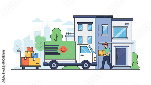 A delivery man unloading boxes from a truck in front of a house