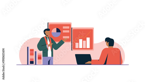 Vector illustration of two people working together on laptop and analyzing data on presentation screen, for business or marketing mockup