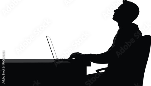 Man working on laptop silhouette, focused professional at desk, remote work, technology workspace concept isolated on white background illustration