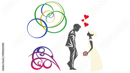 Romantic couple in love with colorful heart designs around them