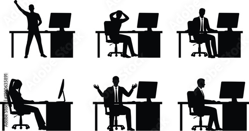 Office work emotions silhouettes set, business people at desks, stress success frustration productivity concept isolated on white background illustration